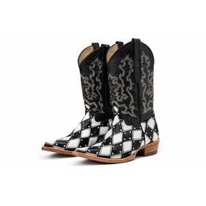 Custom Ostrich & Cowhide Patchwork Cowboy Boots Studded Harlequin Womens 6